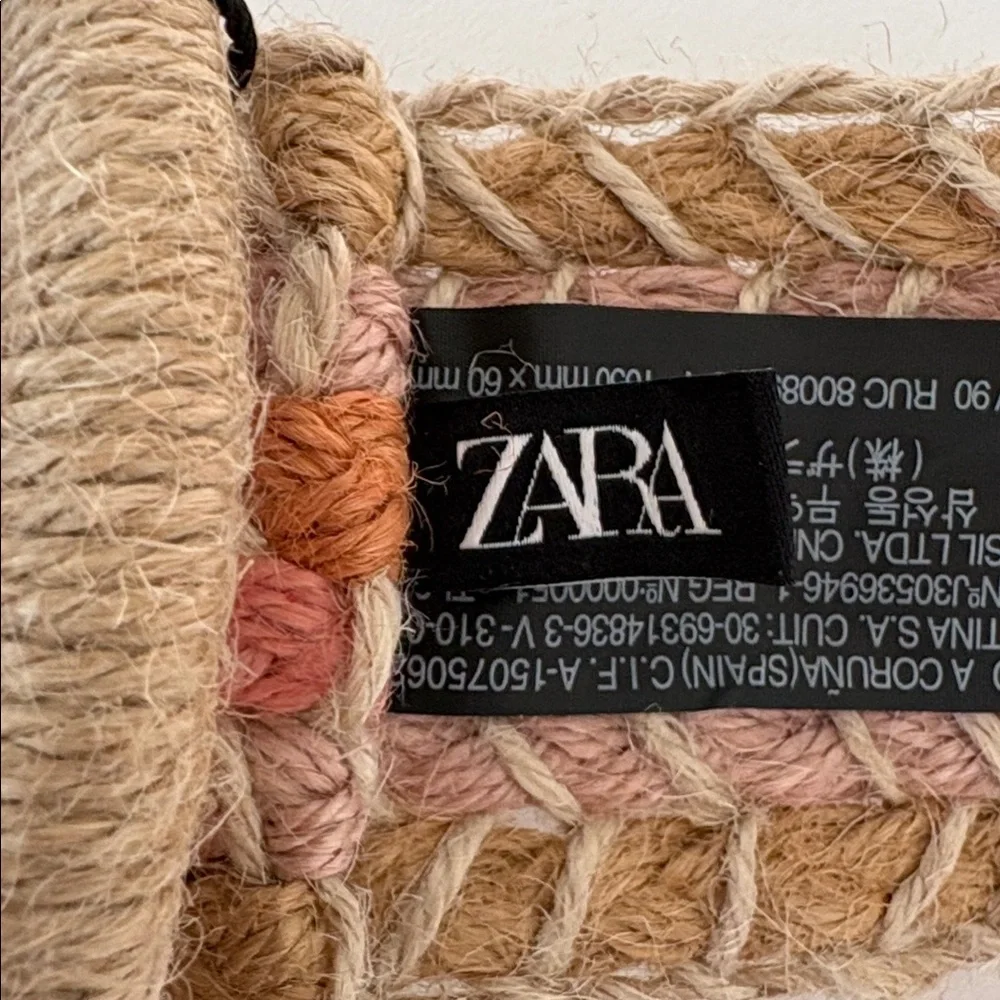NWT Zara Woven Jute Belt in Natural Pink Multi Boho Casual Festival Size 34